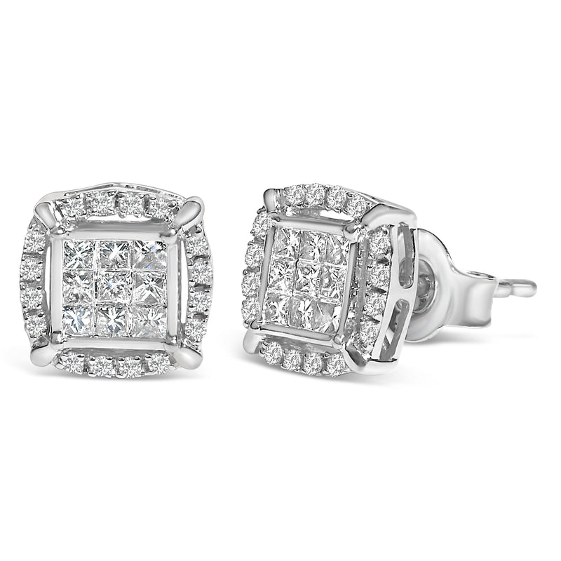 Bids.com Sterling Silver 1/2 Cttw Princess Cut Diamond Composite and Halo Stud Earrings Earrings