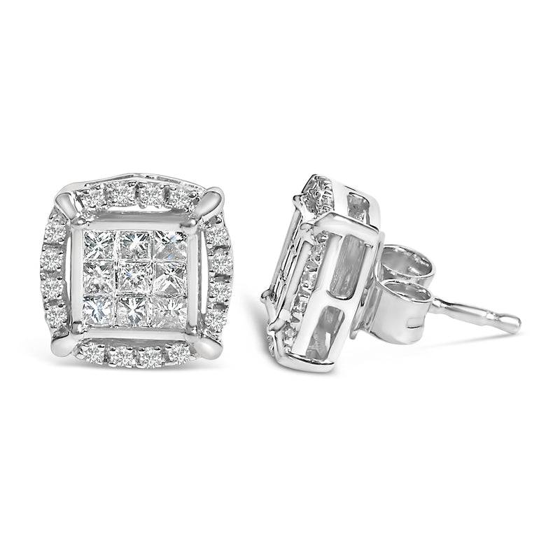 Bids.com Sterling Silver 1/2 Cttw Princess Cut Diamond Composite and Halo Stud Earrings Earrings