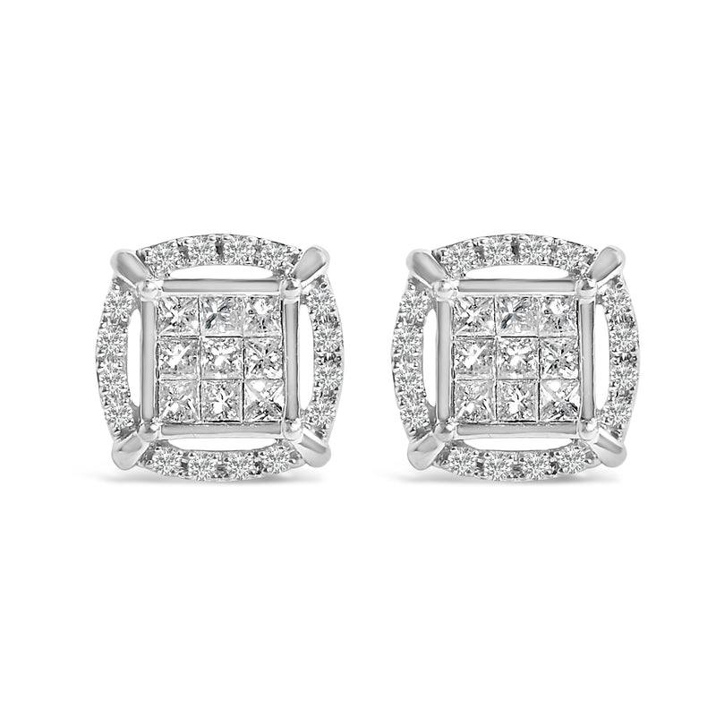 Bids.com Sterling Silver 1 Cttw Princess Cut Diamond Square Halo Stud Earrings Earrings