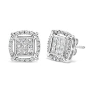 Bids.com Sterling Silver 1 Cttw Princess Cut Diamond Square Halo Stud Earrings Earrings