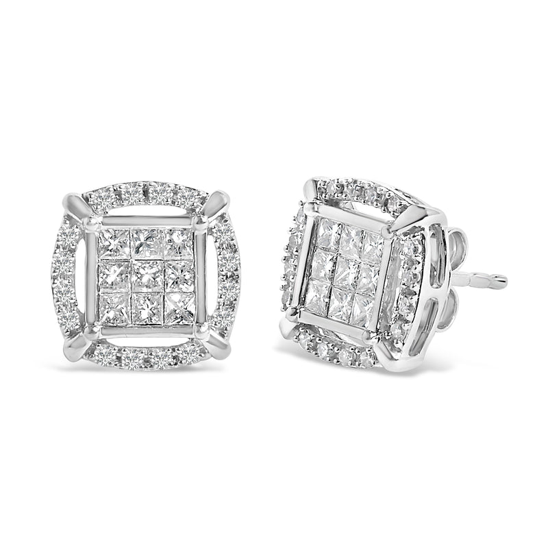 Bids.com Sterling Silver 1 Cttw Princess Cut Diamond Square Halo Stud Earrings Earrings