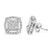 Bids.com Sterling Silver 1 Cttw Princess Cut Diamond Square Halo Stud Earrings Earrings