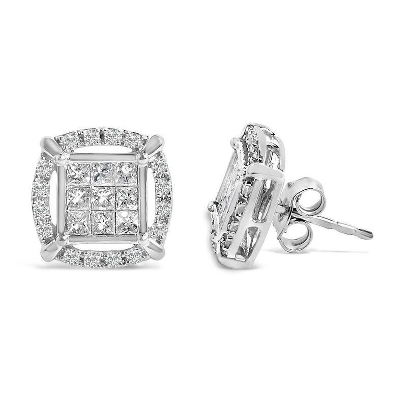 Bids.com Sterling Silver 1 Cttw Princess Cut Diamond Square Halo Stud Earrings Earrings