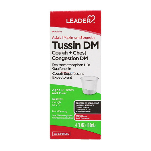 Leader Non-Drowsy Tussin DM – Cough & Chest Congestion Relief – Raspberry Flavor – 4 fl oz (118mL)