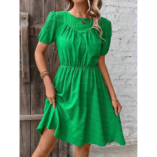 Ruched Round Neck Short Sleeve Mini Dress