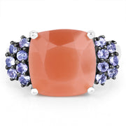 Bids.com 6.18 Carat Genuine Peach Moonstone and Tanzanite .925 Sterling Silver Ring Rings