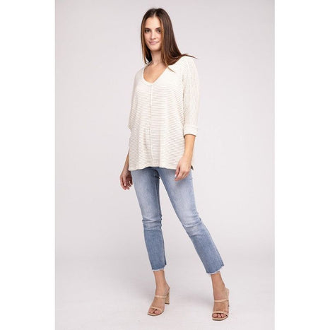 3/4 Sleeve V-Neck Hi-Low Hem Jacquard Sweater