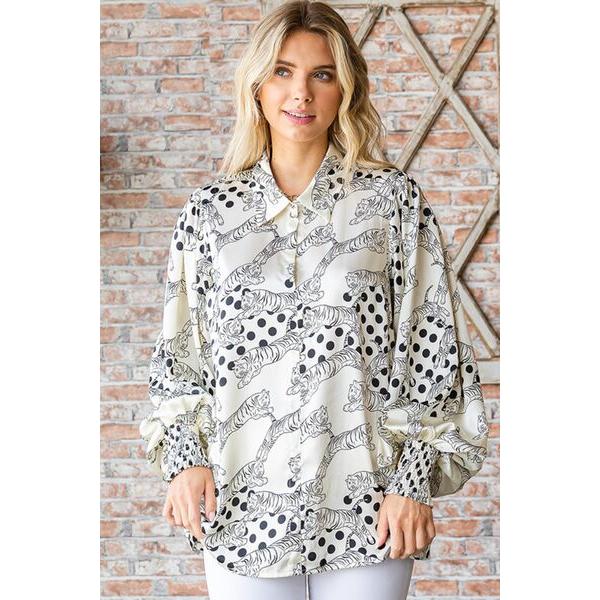 First Love Tiger Print Collared Neck Long Sleeve Satin Shirt