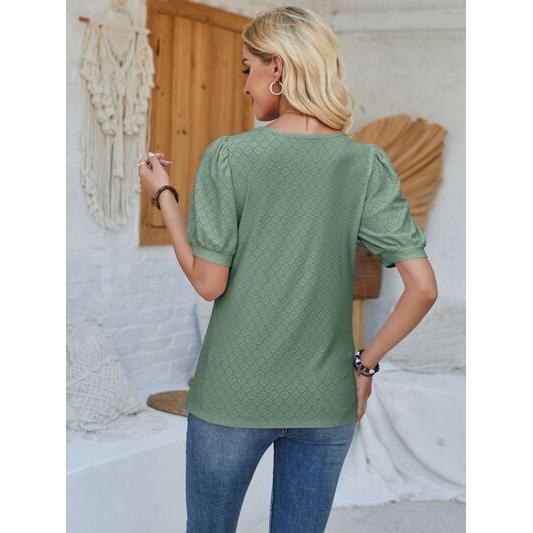 Eyelet Asymmetrical Neck Short Sleeve T-Shirt