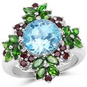 Bids.com 5.76 Carat Genuine Blue Topaz, Chrome Diopside & Garnet .925 Sterling Silver Ring Rings