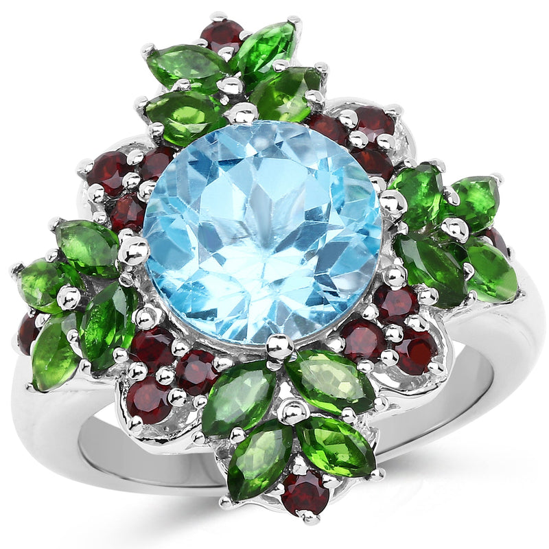 Bids.com 5.76 Carat Genuine Blue Topaz, Chrome Diopside & Garnet .925 Sterling Silver Ring Rings