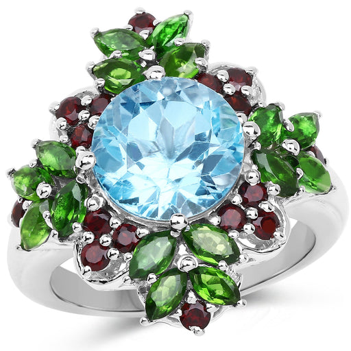 Bids.com 5.76 Carat Genuine Blue Topaz, Chrome Diopside & Garnet .925 Sterling Silver Ring Rings