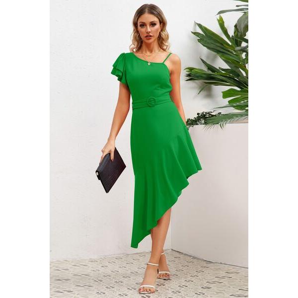 Ruffled Asymmetrical Neck Flutter Sleeve Dress