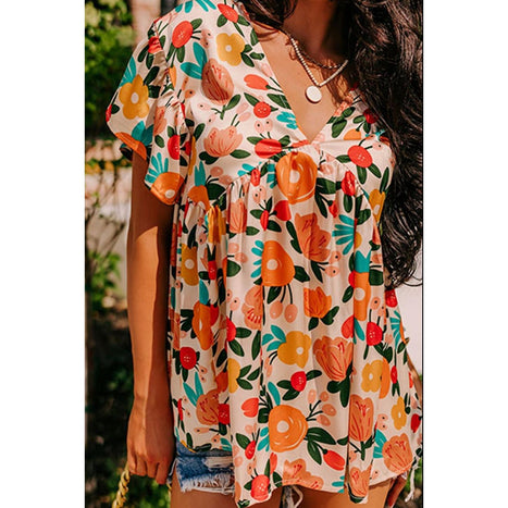 Printed V-Neck Short Sleeve Blouse