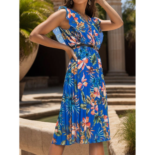 Ruffled Printed Surplice Cap Sleeve Dress