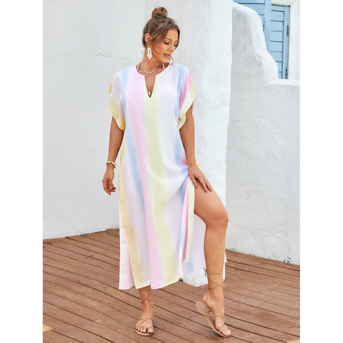 Slit Striped Notched Short Sleeve Cover Up