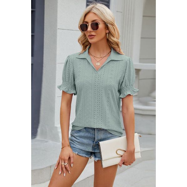 Eyelet Johnny Collar Short Sleeve Blouse