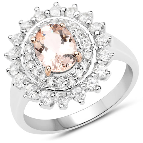 Bids.com Two Tone Plated 2.30 Carat Genuine Pink Morganite and White Zircon .925 Sterling Silver Ring Rings