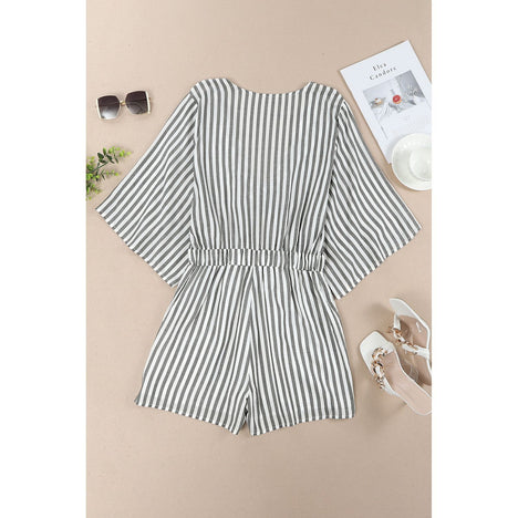 Tied Striped Three-Quarter Sleeve Romper