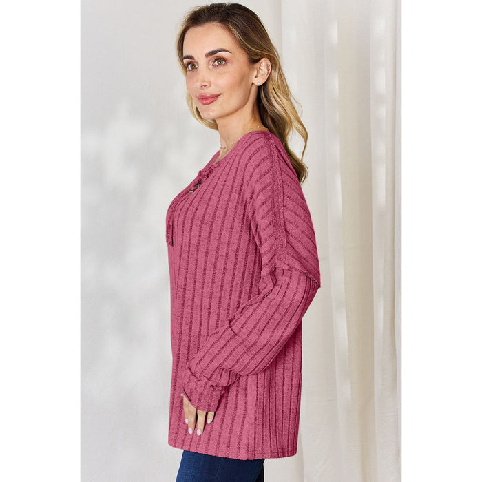 Basic Bae Ribbed Half Button Long Sleeve T-Shirt