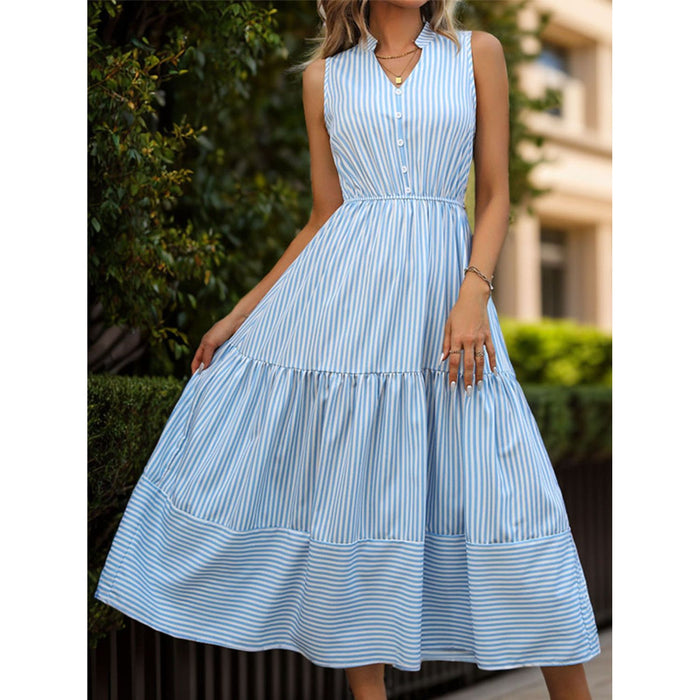 Striped Notched Sleeveless Midi Dress