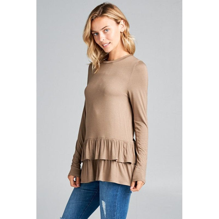 RUFFLE BOTTOM LONG SLEEVE ROUND NECK TUNIC TOP