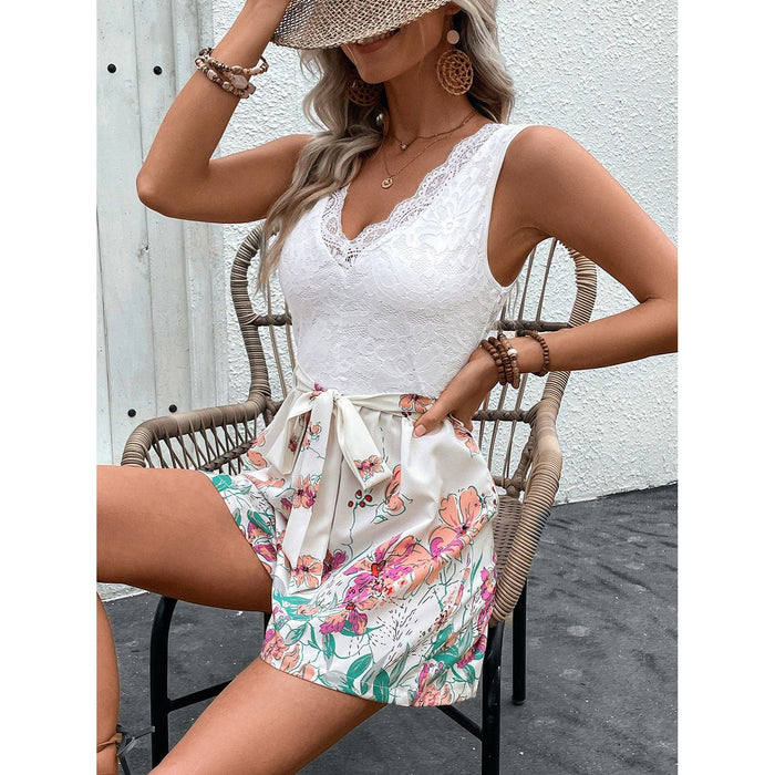 Lace Printed V-Neck Sleeveless Romper