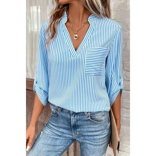 Striped Notched Roll-Tab Sleeve Shirt