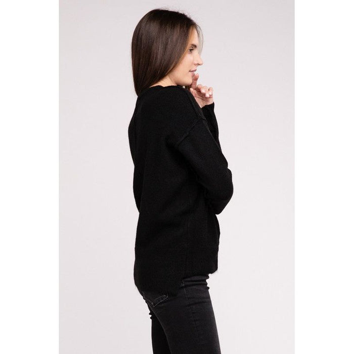 Melange Hi-Low Hem Round Neck Sweater