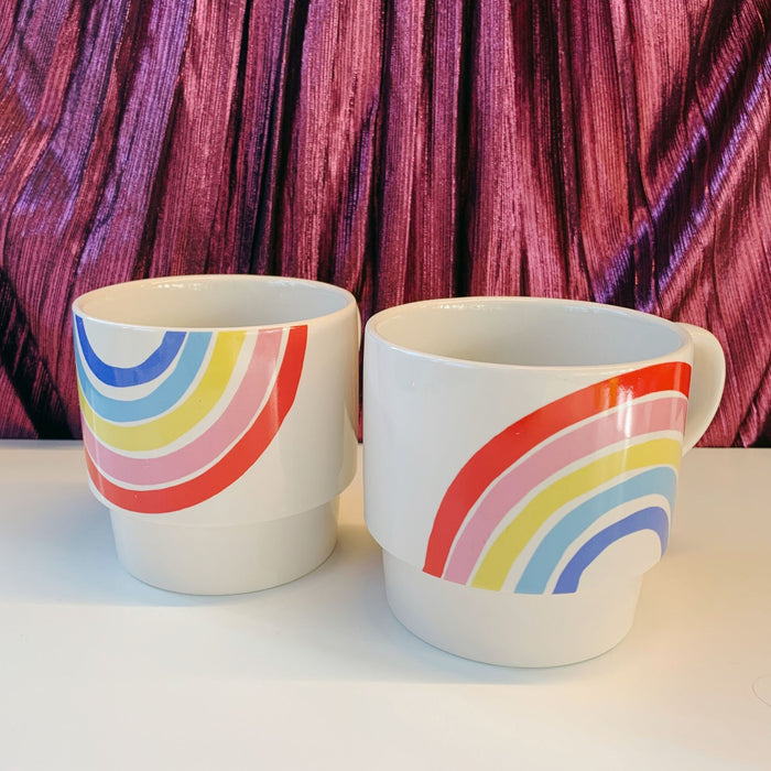 The Bullish Store - 70S Rainbow Stacking Mug Set Of 2 | Vintage Style Giftable 14 Oz Mugs In Painted Ceramic