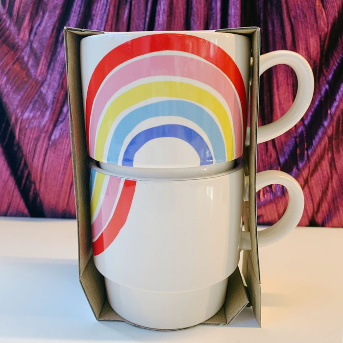 The Bullish Store - 70S Rainbow Stacking Mug Set Of 2 | Vintage Style Giftable 14 Oz Mugs In Painted Ceramic