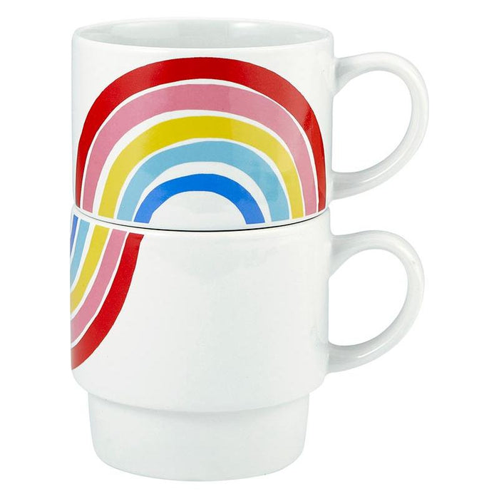 The Bullish Store - 70S Rainbow Stacking Mug Set Of 2 | Vintage Style Giftable 14 Oz Mugs In Painted Ceramic