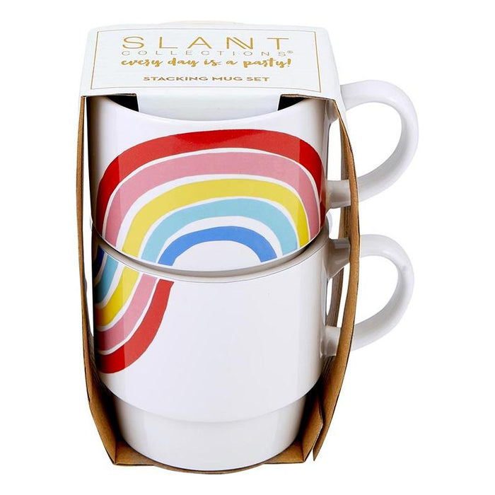 The Bullish Store - 70S Rainbow Stacking Mug Set Of 2 | Vintage Style Giftable 14 Oz Mugs In Painted Ceramic