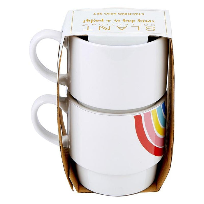 The Bullish Store - 70S Rainbow Stacking Mug Set Of 2 | Vintage Style Giftable 14 Oz Mugs In Painted Ceramic