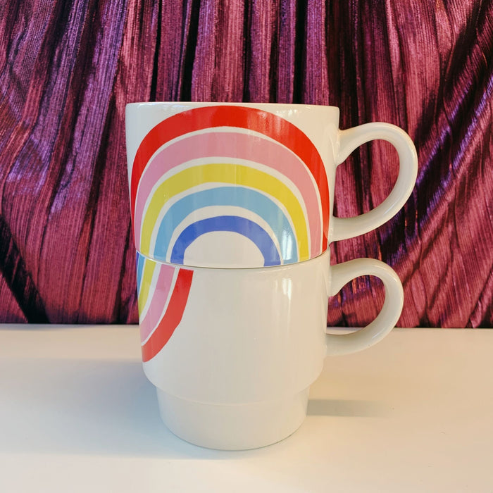 The Bullish Store - 70S Rainbow Stacking Mug Set Of 2 | Vintage Style Giftable 14 Oz Mugs In Painted Ceramic