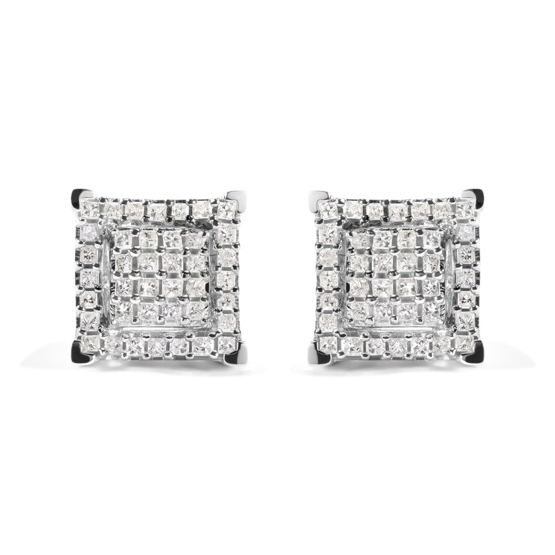 Bids.com 10K White Gold 1 1/4 Cttw Princess Diamond Composite Double Square and Halo Stud Earrings (I-J Color, I1-I2 Clarity) Earrings