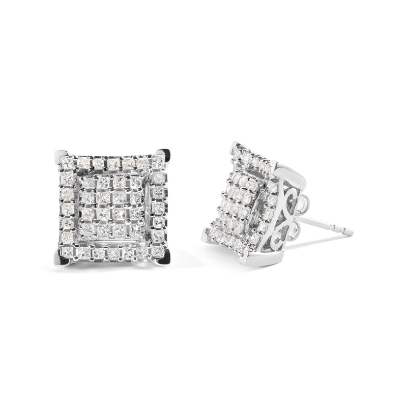 Bids.com 10K White Gold 1 1/4 Cttw Princess Diamond Composite Double Square and Halo Stud Earrings (I-J Color, I1-I2 Clarity) Earrings