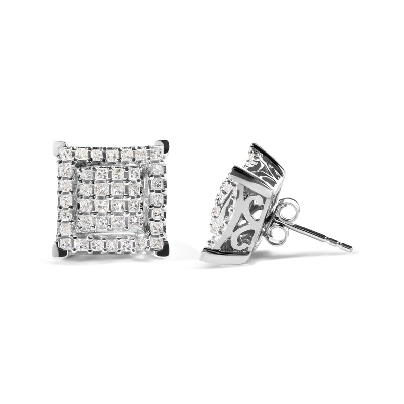 Bids.com 10K White Gold 1 1/4 Cttw Princess Diamond Composite Double Square and Halo Stud Earrings (I-J Color, I1-I2 Clarity) Earrings