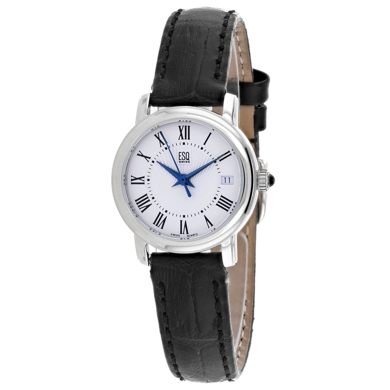 Bids.com ESQ Women's Black Leather Silver Stainless Steel Quartz Watches