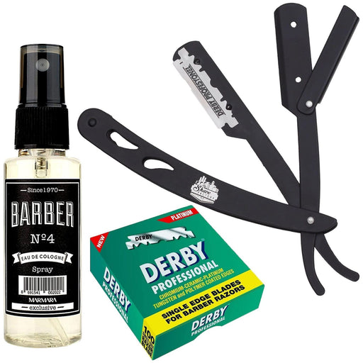Barbersets - The Shave Factory Straight Edge Razor Kit (Black/Barber No4 Cologne 50Ml / 100 Derby Professional Single Edge Razor Blades)