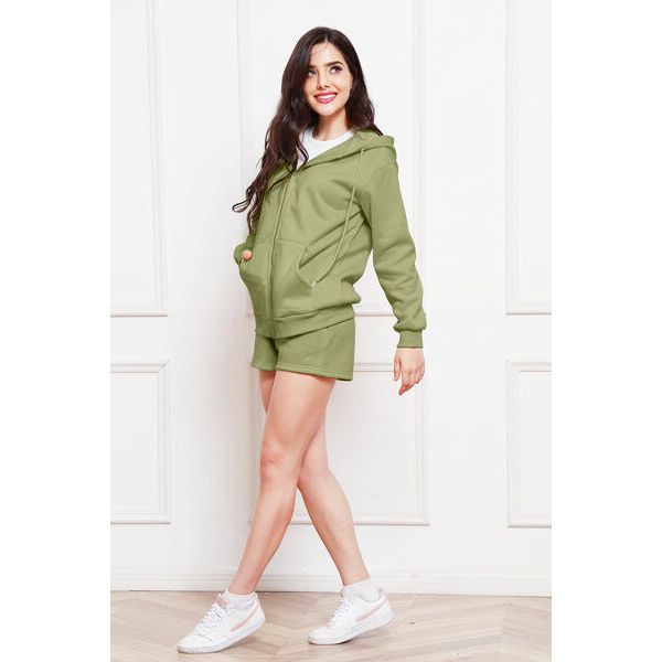 Zip Up Drawstring Hoodie and Shorts Set