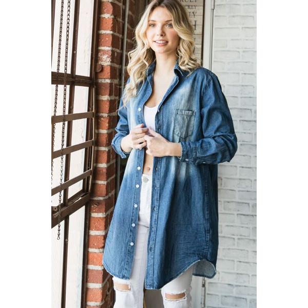 Veveret Pocketed Button Up Washed Denim Shirt