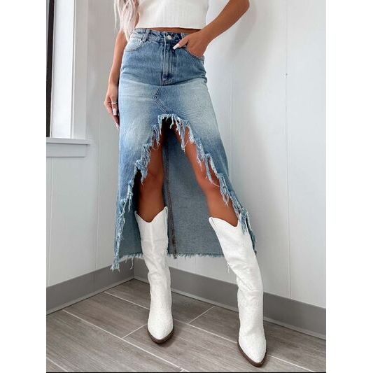 Mill's Beauty Supply High-Waist Raw Hem Asymmetry Denim Skirt