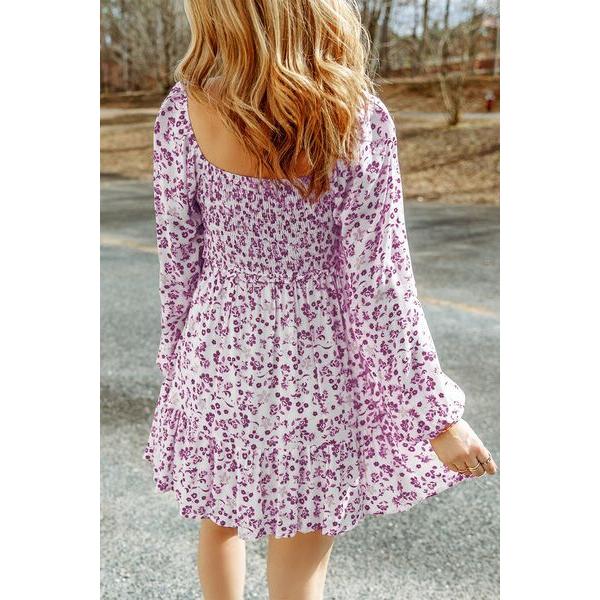 Smocked Floral Square Neck Balloon Sleeve Dress