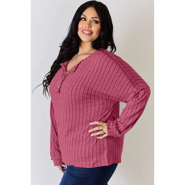 Basic Bae Ribbed Half Button Long Sleeve T-Shirt