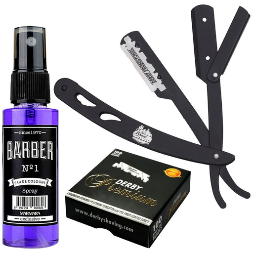 The Shave Factory Straight Edge Razor Kit (Black/Barber No1 Cologne 50Ml / 100 Derby Premium Single Edge Razor Blades)
