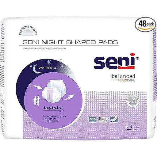 Seni Seni Night Shaped Pads, Heavy/Overnight Absorbency, Case of 48 (6 Packs of 8) Incontinence Aids