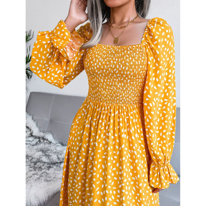 Smocked Square Neck Flounce Sleeve Dress