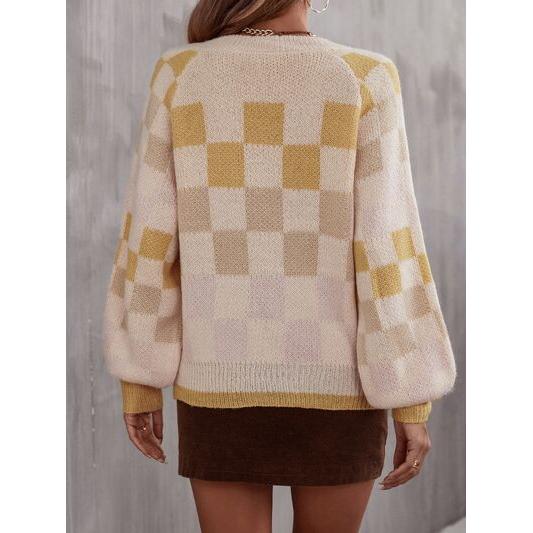 Checkered V-Neck Lantern Sleeve Sweater