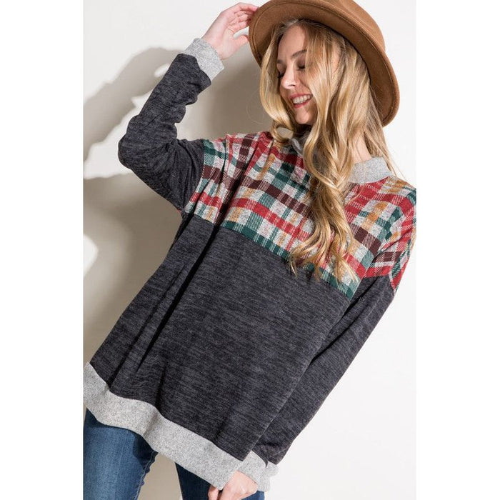 SOLID PLAID MOCK NECK TOP